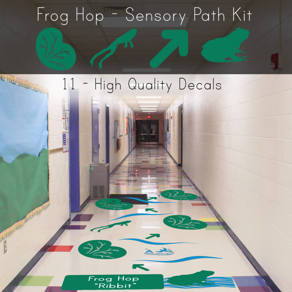 Deluxe Frog Hop Sensory Path Stickers for School Classroom Floors Hallway with waves lily pads