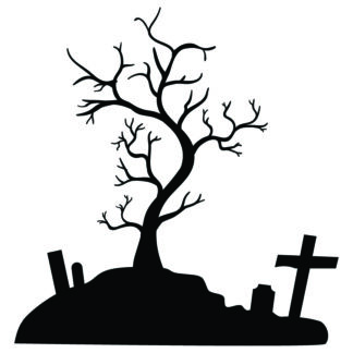 Large Spooky Tree on Hill with Tombstones Halloween Vinyl Silhouette Decal for Classroom or Hallways - Fun Holiday Decorations for you classroom or school. Make your classroom festive with a variety of different sized spooky trees with tombstones.