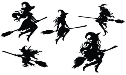 small set of 5 flying witches on broomsticks vinyl decal